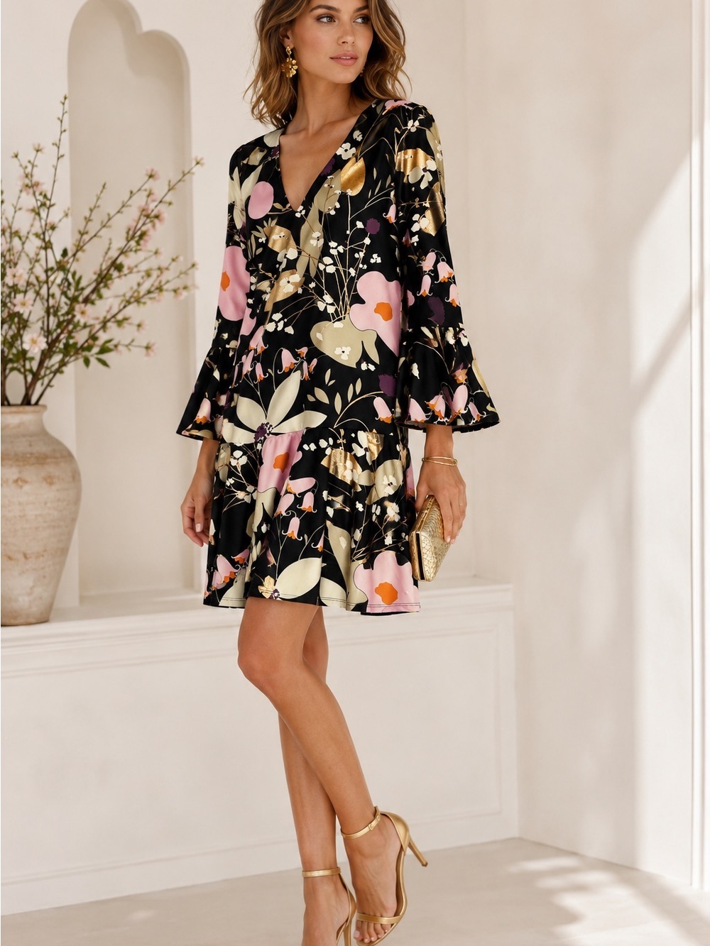 NWT Julie Brown NYC Murray Mermaid Floral Metallic Gold Dress M $200